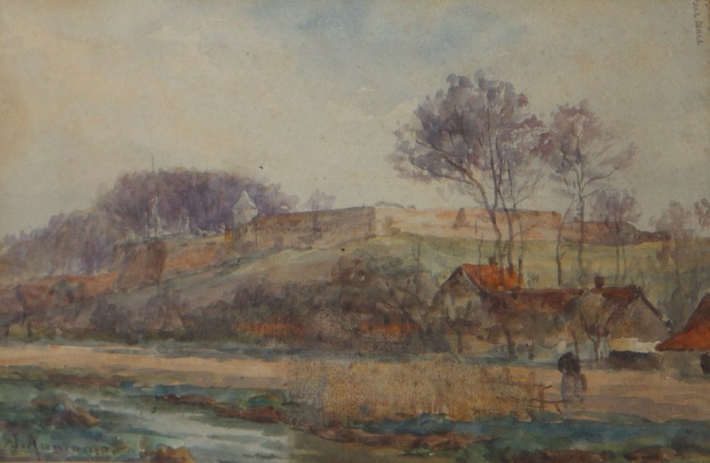 James Aumonier (1832-1911), watercolour, Study of a French hilltop town, signed, 16.5 x 25.5cm